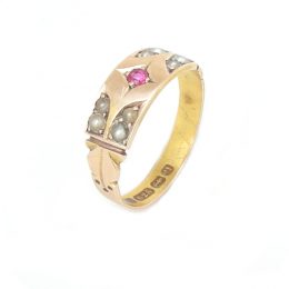 Victorian ruby and seed pearl 15ct gold ring