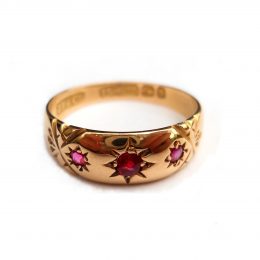 Victorian three stone ruby 15ct gold gypsy ring