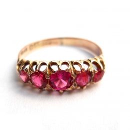 Antique five stone ruby/rubellite 9ct gold ring