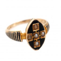 Victorian seed pearl and black enamel 15ct gold ring with dated inscriptions