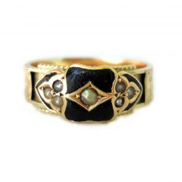 Black enamel and seed pearl 9ct gold REGARD mourning band