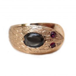 European moonstone and ruby 8ct rose gold snake ring