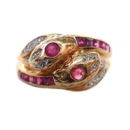 Ruby and diamond double snake ring