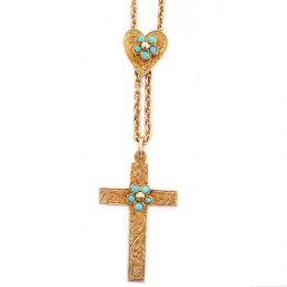 Victorian turquoise set cross pendant and chain with heart slider