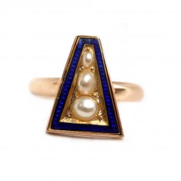 Art Deco blue guilloche enamel and pearl brooch conversion ring