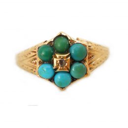 Late Victorian turquoise and diamond 15ct gold forget-me-not ring