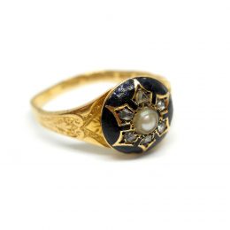 Victorian pearl and rose cut diamond enamelled 18ct gold ring