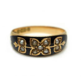 Victorian black enamel and seed pearl 15ct gold mourning band