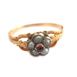 Early Victorian ruby and silver pearl flower ring
