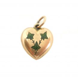 Edwardian puffy heart charm with enamel ivy leaf